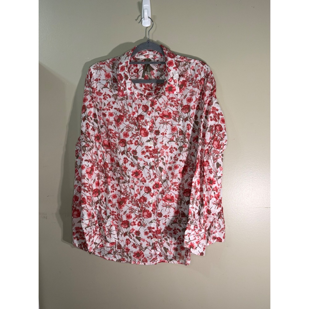 Choose Happiness Red Floral Cotton Button Down Shirt Plus Size 1X Long Sleeve